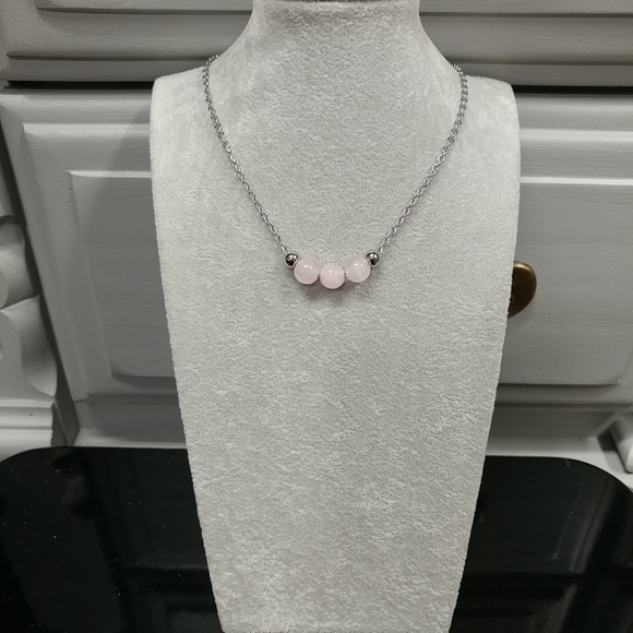 Rose Quartz Three Bead Necklace Natural Gemstone Crystal Stainless-Steel Chain - Picture 3 of 12